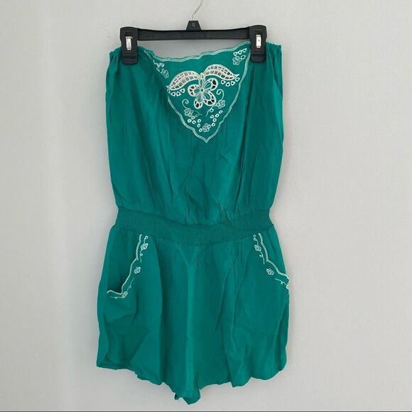 Forever 21 Strapless Eyelet Embroidered Romper Green - Picture 1 of 3